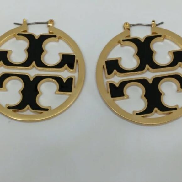 Tory Burch Gold and Black Enamel Logo Hoop Earrings NWT - Picture 4 of 8